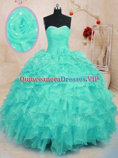 Custom Designed Sleeveless Organza Floor Length Lace Up 15 Quinceanera Dress in Turquoise with Beading and Ruffles and Hand Made Flower - Click Image to Close