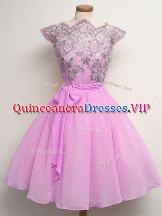 Knee Length Lilac Court Dresses for Sweet 16 Chiffon Cap Sleeves Lace and Belt