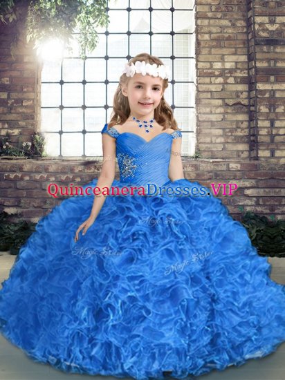 Trendy Royal Blue Fabric With Rolling Flowers Lace Up Pageant Dress Toddler Sleeveless Floor Length Beading and Ruching - Click Image to Close