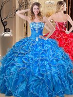 Trendy Blue Ball Gowns Organza Sweetheart Sleeveless Embroidery and Ruffles Floor Length Lace Up Quinceanera Gowns