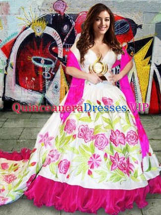 Sweet Sleeveless Brush Train Embroidery Lace Up Sweet 16 Quinceanera Dress