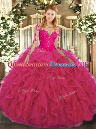 Trendy Hot Pink Long Sleeves Floor Length Lace and Ruffles Lace Up 15th Birthday Dress