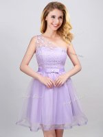 Traditional One Shoulder Sleeveless Lace Up Quinceanera Dama Dress Lavender Tulle