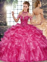 Luxurious Ball Gowns Quinceanera Dresses Fuchsia Halter Top Organza Sleeveless Floor Length Lace Up(SKU SJQDDT2114002BIZ)