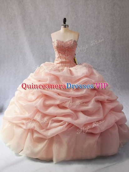 Admirable Sleeveless Organza Floor Length Lace Up Sweet 16 Quinceanera Dress in Peach with Beading and Pick Ups - Click Image to Close