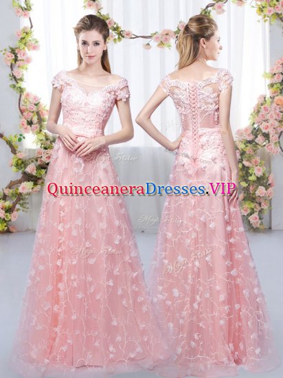 Floor Length Pink Damas Dress Tulle Cap Sleeves Appliques - Click Image to Close