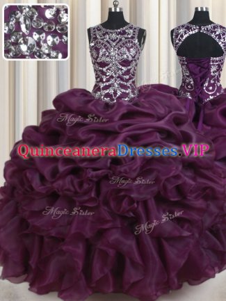 Dark Purple Organza Lace Up Scoop Sleeveless Floor Length 15th Birthday Dress Beading and Ruffles and Pick Ups