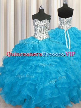 Elegant Aqua Blue Lace Up Sweetheart Beading and Ruffles Sweet 16 Dresses Organza Long Sleeves