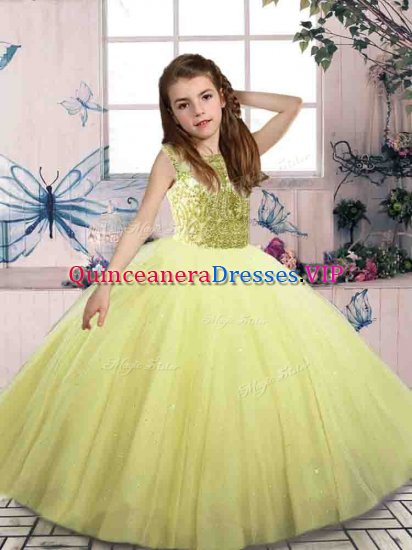 Fashionable Scoop Sleeveless Little Girl Pageant Dress Floor Length Beading Yellow Green Tulle - Click Image to Close