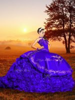 Purple Organza Lace Up Sweetheart Sleeveless Quinceanera Gowns Brush Train Embroidery and Ruffles