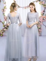 Grey Empire Scoop Half Sleeves Tulle Floor Length Lace Up Lace and Belt Court Dresses for Sweet 16