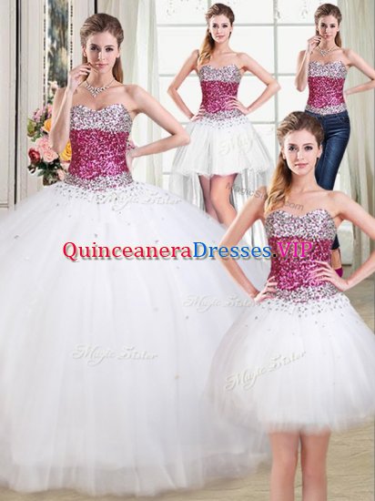 Discount Four Piece White Ball Gowns Sweetheart Sleeveless Tulle Floor Length Lace Up Beading Military Ball Gown - Click Image to Close