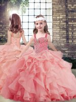 Discount Sleeveless Floor Length Beading and Ruffles Lace Up Kids Pageant Dress with Watermelon Red