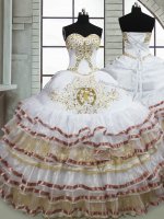 High End Sleeveless Organza Floor Length Lace Up Quinceanera Dress in White with Beading and Embroidery and Ruffled Layers