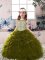 Olive Green Tulle Lace Up Pageant Dress for Girls Sleeveless Floor Length Beading and Ruffles