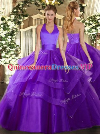 Floor Length Purple Quinceanera Gowns Halter Top Sleeveless Lace Up