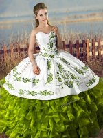 Floor Length Olive Green Vestidos de Quinceanera Satin and Organza Sleeveless Embroidery and Ruffles