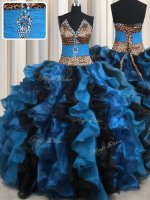 Unique Leopard Two Tone Organza and Printed V-neck Sleeveless Lace Up Beading and Ruffles Vestidos de Quinceanera in Blue And Black