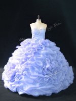 Deluxe Organza Sweetheart Sleeveless Court Train Lace Up Embroidery and Pick Ups and Hand Made Flower Quinceanera Dress in Lavender