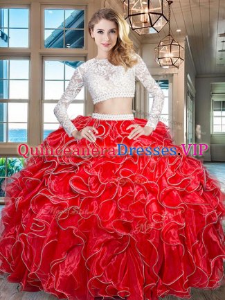 Red Scoop Zipper Beading and Lace and Ruffles Sweet 16 Dress Long Sleeves