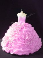 Lace Up Sweet 16 Dresses Lilac for Sweet 16 and Quinceanera with Beading and Pick Ups and Hand Made Flower Court Train