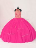 Glittering Hot Pink Lace Up Halter Top Beading and Appliques 15 Quinceanera Dress Tulle Sleeveless(SKU PSSW0785-1BIZ)