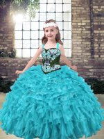 Floor Length Aqua Blue and Turquoise Little Girl Pageant Dress Straps Sleeveless Lace Up