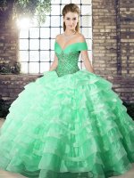 Beading and Ruffled Layers Quinceanera Dress Apple Green Lace Up Sleeveless Brush Train