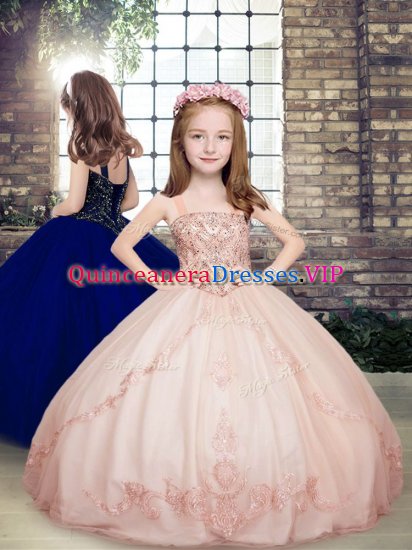 Pink Tulle Lace Up Little Girl Pageant Gowns Sleeveless Floor Length Beading - Click Image to Close