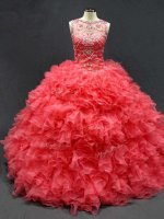 Stylish Coral Red Ball Gowns Beading and Ruffles Sweet 16 Dresses Lace Up Organza Sleeveless Floor Length(SKU SWQD220BIZ)