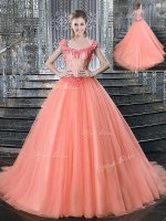 Straps With Train Lace Up 15th Birthday Dress Peach for Military Ball and Sweet 16 and Quinceanera with Beading Brush Train(SKU YCQD0167-2BIZ)