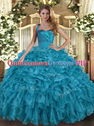Teal Sleeveless Organza Lace Up 15th Birthday Dress for Military Ball and Sweet 16 and Quinceanera
