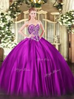 Fuchsia Ball Gowns Beading Sweet 16 Dresses Lace Up Satin Sleeveless Floor Length