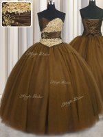 Cute Brown Sweetheart Lace Up Beading and Appliques and Ruching and Belt 15 Quinceanera Dress Sleeveless