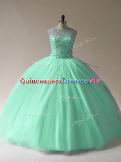 Gorgeous Apple Green Tulle Lace Up Quince Ball Gowns Sleeveless Floor Length Beading - Click Image to Close