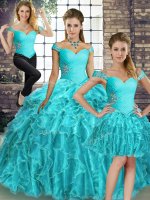 Lace Up 15 Quinceanera Dress Aqua Blue for Military Ball and Sweet 16 and Quinceanera with Beading and Ruffles Brush Train