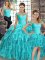 Lace Up 15 Quinceanera Dress Aqua Blue for Military Ball and Sweet 16 and Quinceanera with Beading and Ruffles Brush Train