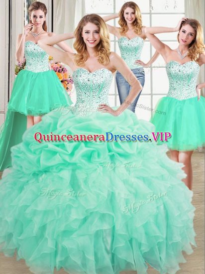 Dazzling Four Piece Pick Ups Floor Length Apple Green Quinceanera Gowns Sweetheart Sleeveless Lace Up - Click Image to Close