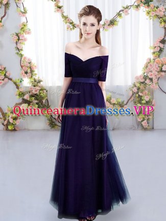 Fashionable Tulle Off The Shoulder Short Sleeves Lace Up Ruching Quinceanera Dama Dress in Purple