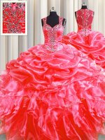 New Style Pick Ups Zipper Up See Through Back Coral Red Straps Zipper Beading and Ruffles Quinceanera Dresses Sweep Train Sleeveless