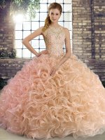 Peach Ball Gowns Scoop Sleeveless Fabric With Rolling Flowers Floor Length Lace Up Beading Quince Ball Gowns(SKU YSQD081-1BIZ)
