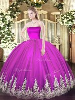 Luxury Fuchsia Sleeveless Floor Length Appliques Zipper 15 Quinceanera Dress