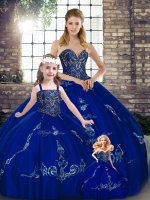 Floor Length Royal Blue Quince Ball Gowns Tulle Sleeveless Beading and Embroidery