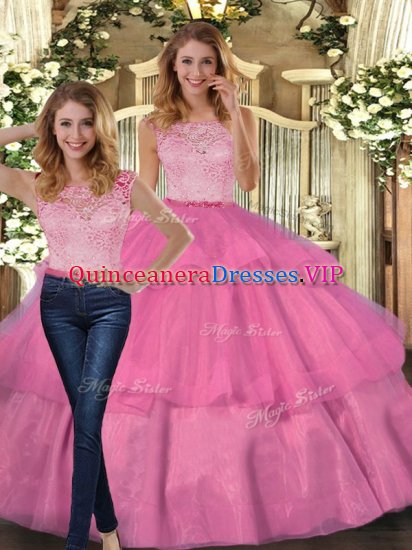 Traditional Hot Pink Two Pieces Lace and Ruffled Layers Quinceanera Dress Lace Up Tulle Sleeveless Floor Length - Click Image to Close