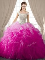 Fuchsia Ball Gowns Off The Shoulder Sleeveless Organza Floor Length Lace Up Beading and Ruffles Quinceanera Dresses