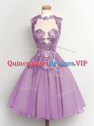 Sexy Lilac Chiffon Lace Up Quinceanera Court of Honor Dress Sleeveless Knee Length Lace