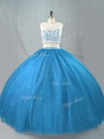 Clearance Scoop Sleeveless Quinceanera Gowns Floor Length Beading Blue Tulle