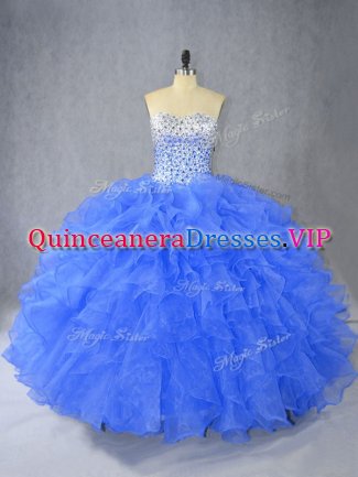 New Arrival Sweetheart Sleeveless 15th Birthday Dress Floor Length Beading and Ruffles Blue Organza