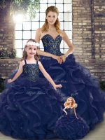 Navy Blue Lace Up Sweetheart Beading and Ruffles Sweet 16 Dresses Tulle Sleeveless