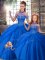 Custom Made Tulle Halter Top Sleeveless Brush Train Lace Up Beading and Pick Ups Vestidos de Quinceanera in Blue
